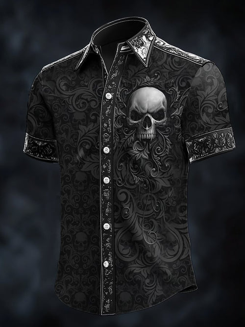 Men's Dark Skull Brogue Pattern Satin Shirt