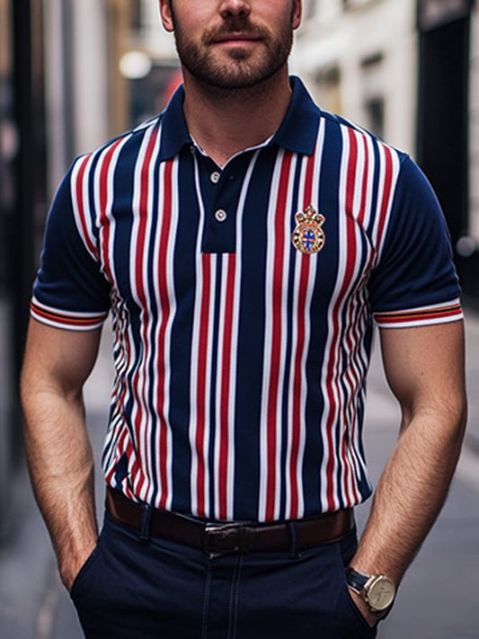 Men's Business Stripe Logo Button-Down Short Sleeve Polo Shirt
