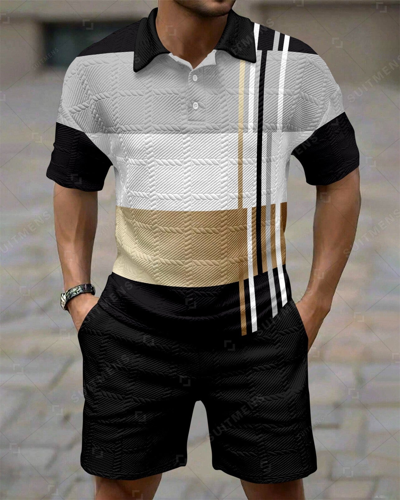 Men's Colorblock Simple Texture Summer Polo Shirt Set 259