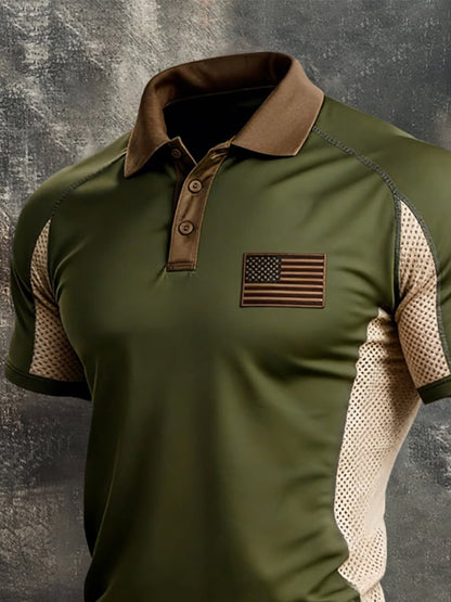 Men's Retro Spliced Breathable Mesh "Patriot" Polo-Collar Casual T-Shirt