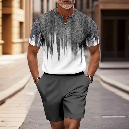 Men's Casual Gray Shading Half-Zip Short-Sleeved Shirt And Shorts Two-Piece Set