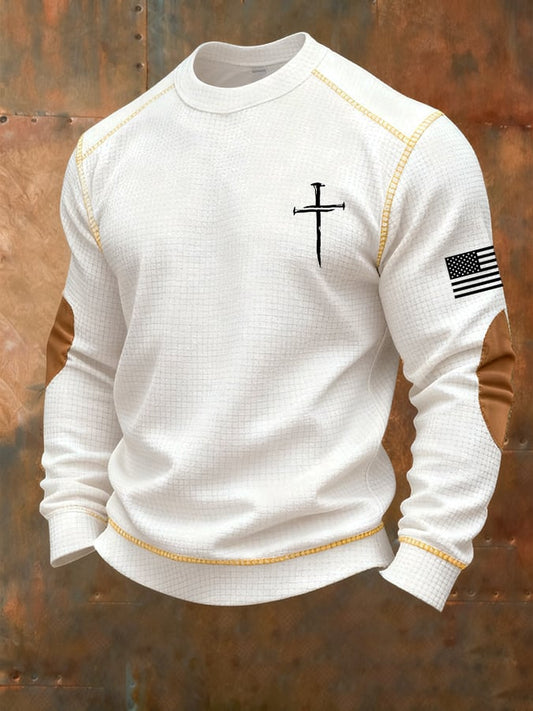 Men's Vintage Faith Cross Print Waffle Crew Neck Sweatshirt