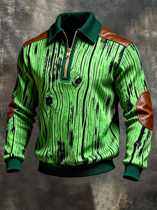 Men's Vintage Color-Block Printed Zip-Up Hoodie