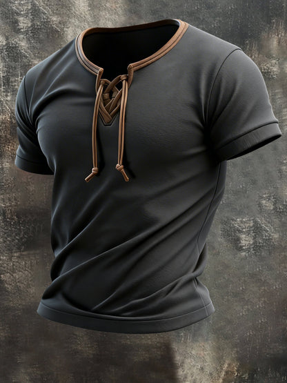 Men's Vintage Contrast Patchwork Tie-Up Short-Sleeved T-Shirt