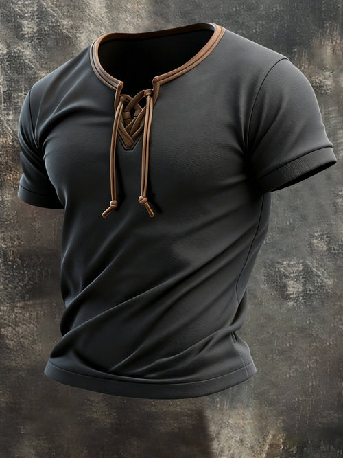 Men's Vintage Contrast Patchwork Tie-Up Short-Sleeved T-Shirt