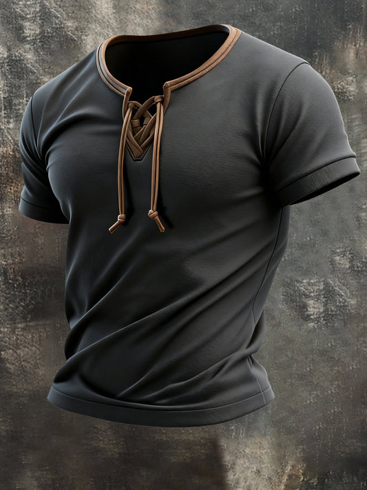 Men's Vintage Contrast Patchwork Tie-Up Short-Sleeved T-Shirt