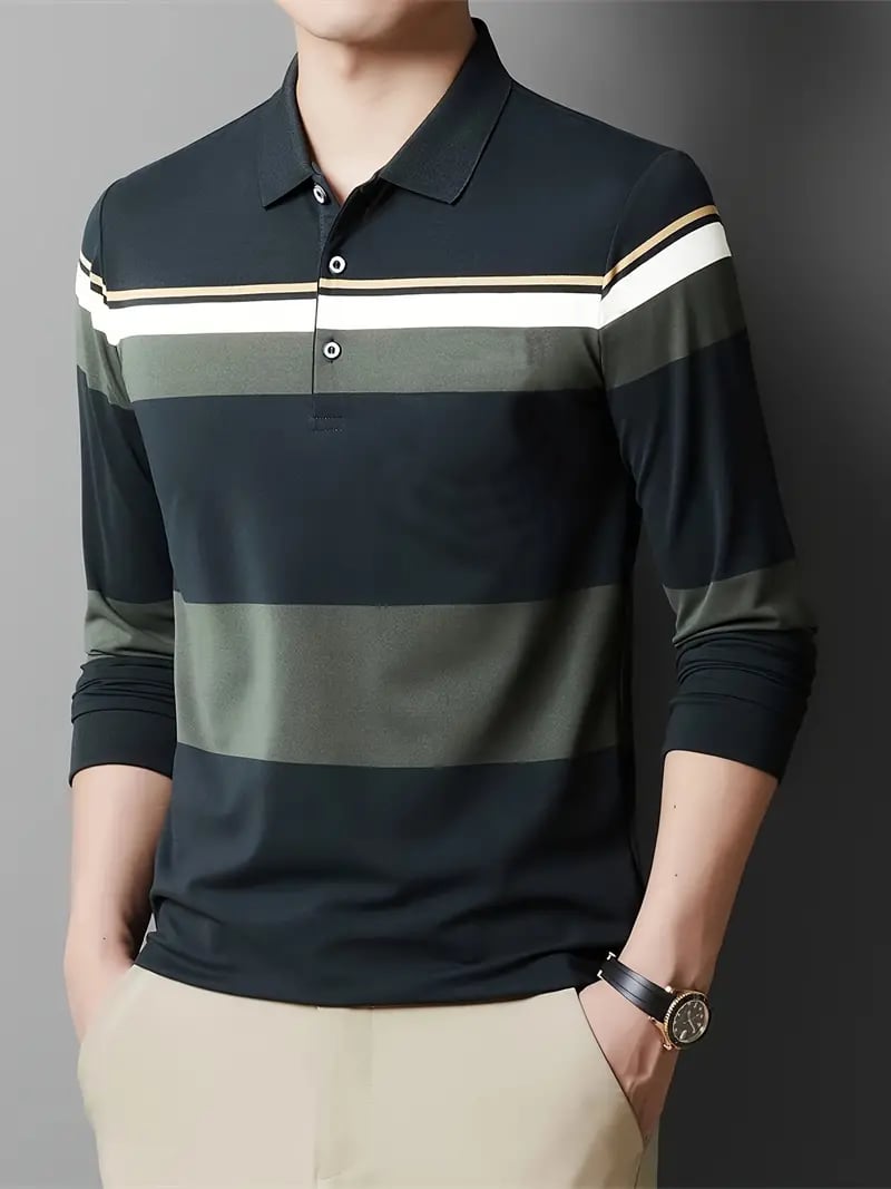 Men's Business Casual Striped Long-Sleeved Polo Shirt