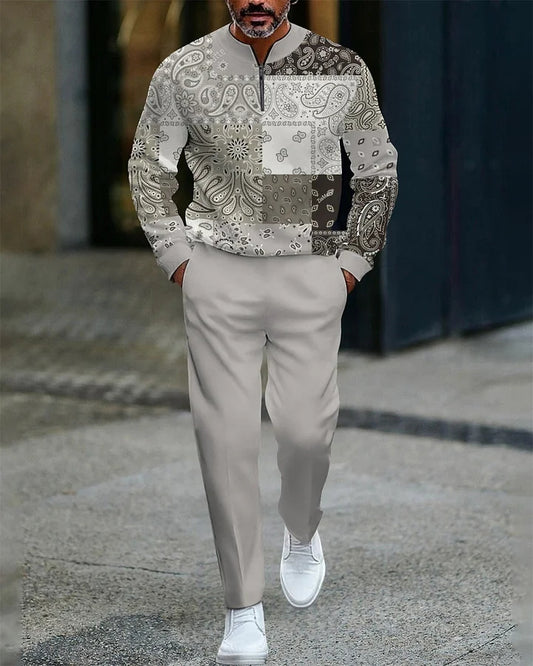 Men's Casual Color Matching Printed Round-Neck Zipper Long Sleeved Trousers Two-Piece Set