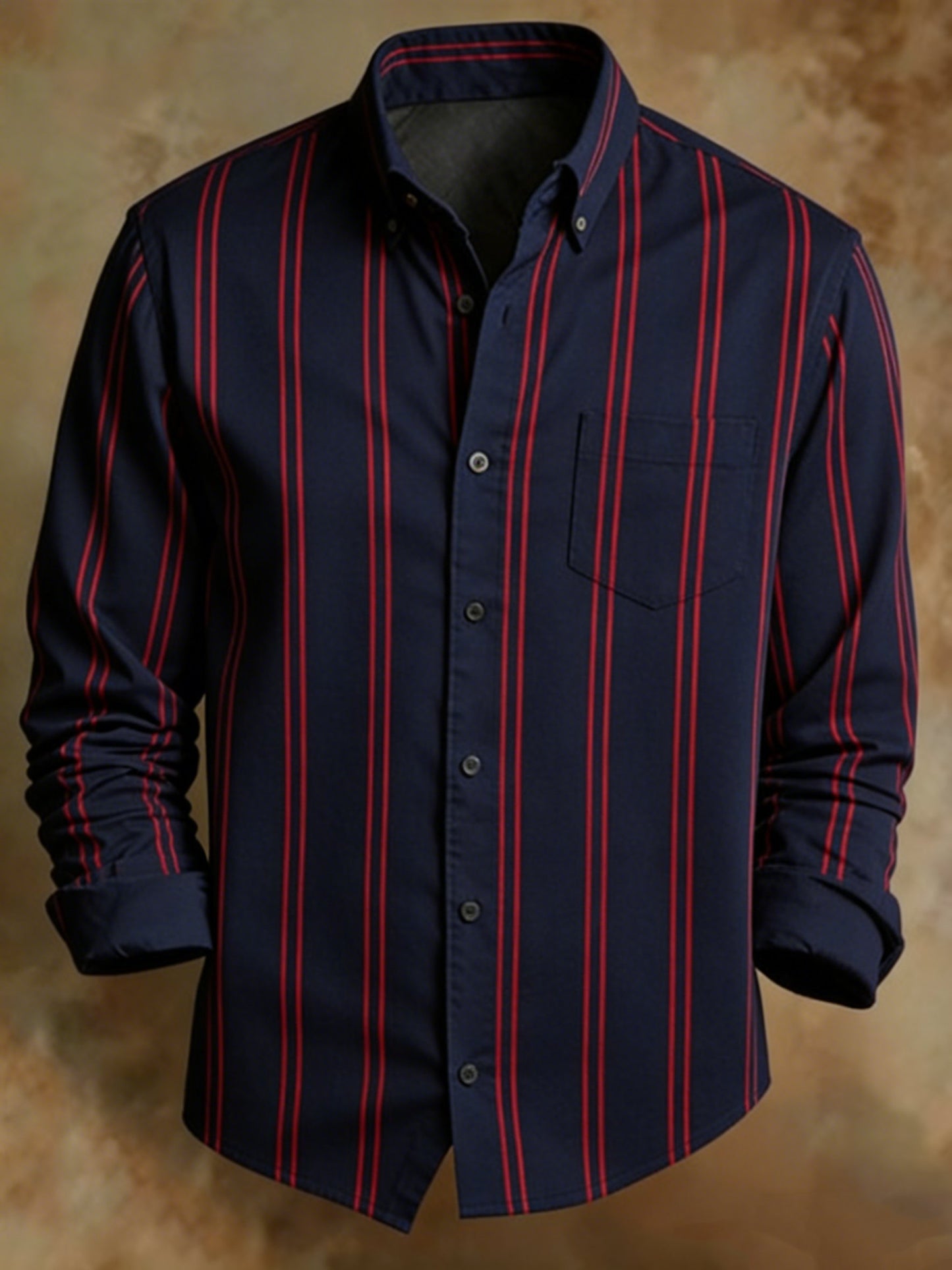 Vintage Style Navy Red Striped Shirt Men's Long Sleeve Casual Business Top