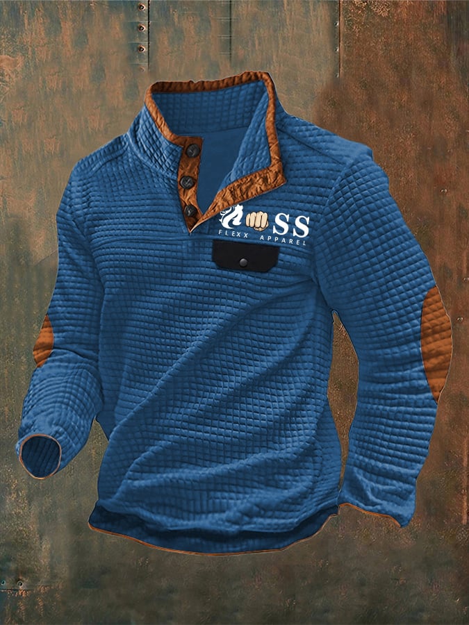 Men's Vintage Lettering Printed Stand Collar Check Button Sweatshirt