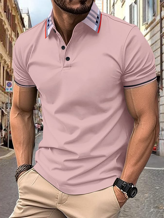 Men's Ribbed Floral Collar Solid Color Button Up Short Sleeved Polo Shirt