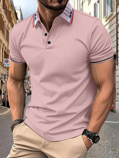 Men's Ribbed Floral Collar Solid Color Button Up Short Sleeved Polo Shirt