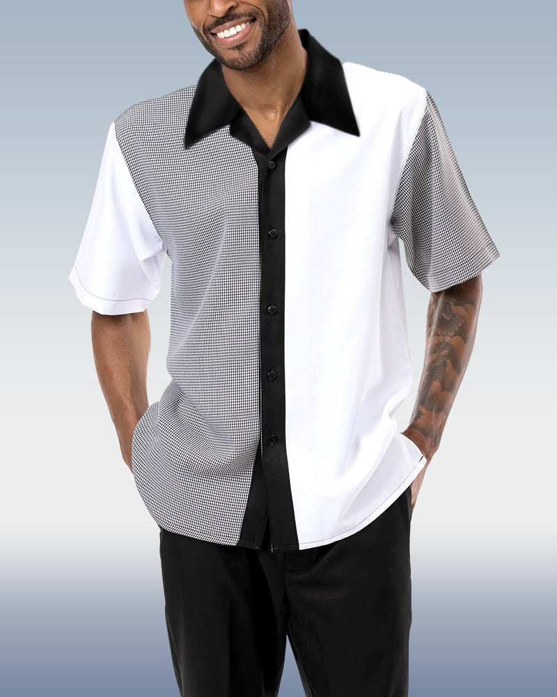 Black Vertical Color Block Walking Suit 2 Piece Short Sleeve Set
