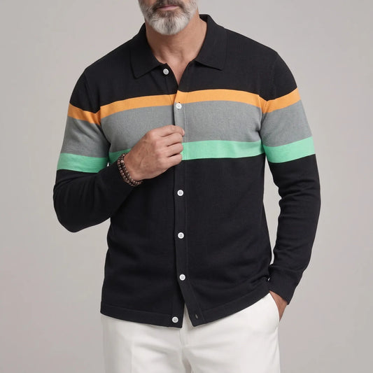 Men's Fashion Colorblock Striped Button-Up Slim Fit Long Sleeve Shirt
