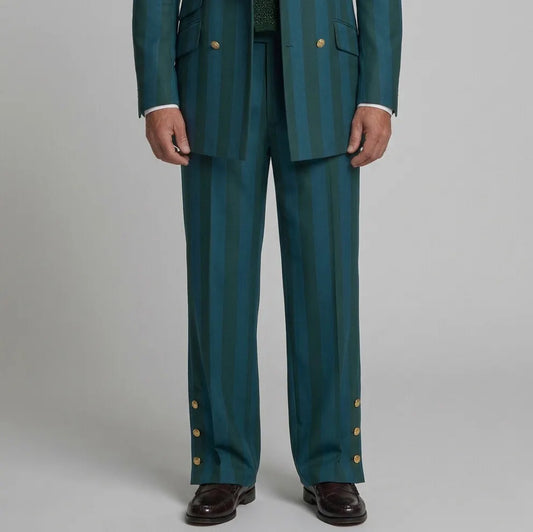 Men's Teal Contrast Striped Print Side Buttons High Waist Wide Leg Suit Pants