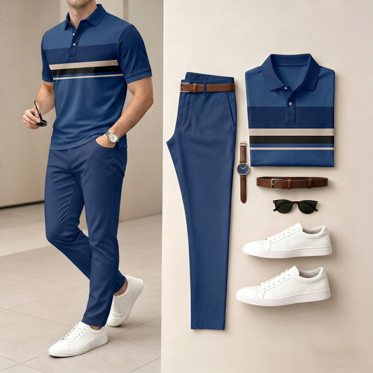 Men's Navy Blue & Apricot Color Matching Striped Printed Short Sleeved Polo Shirt & Pants Two-Piece Set