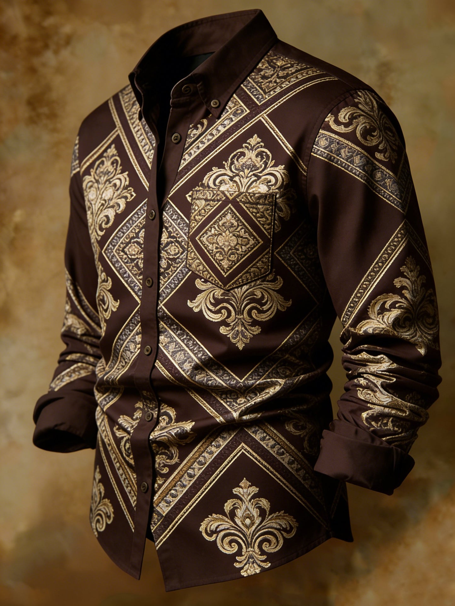 Luxury Chocolate Satin Baroque Gold Print Business Shirt