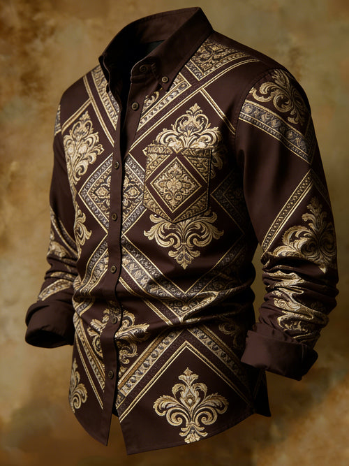 Luxury Chocolate Satin Baroque Gold Print Business Shirt