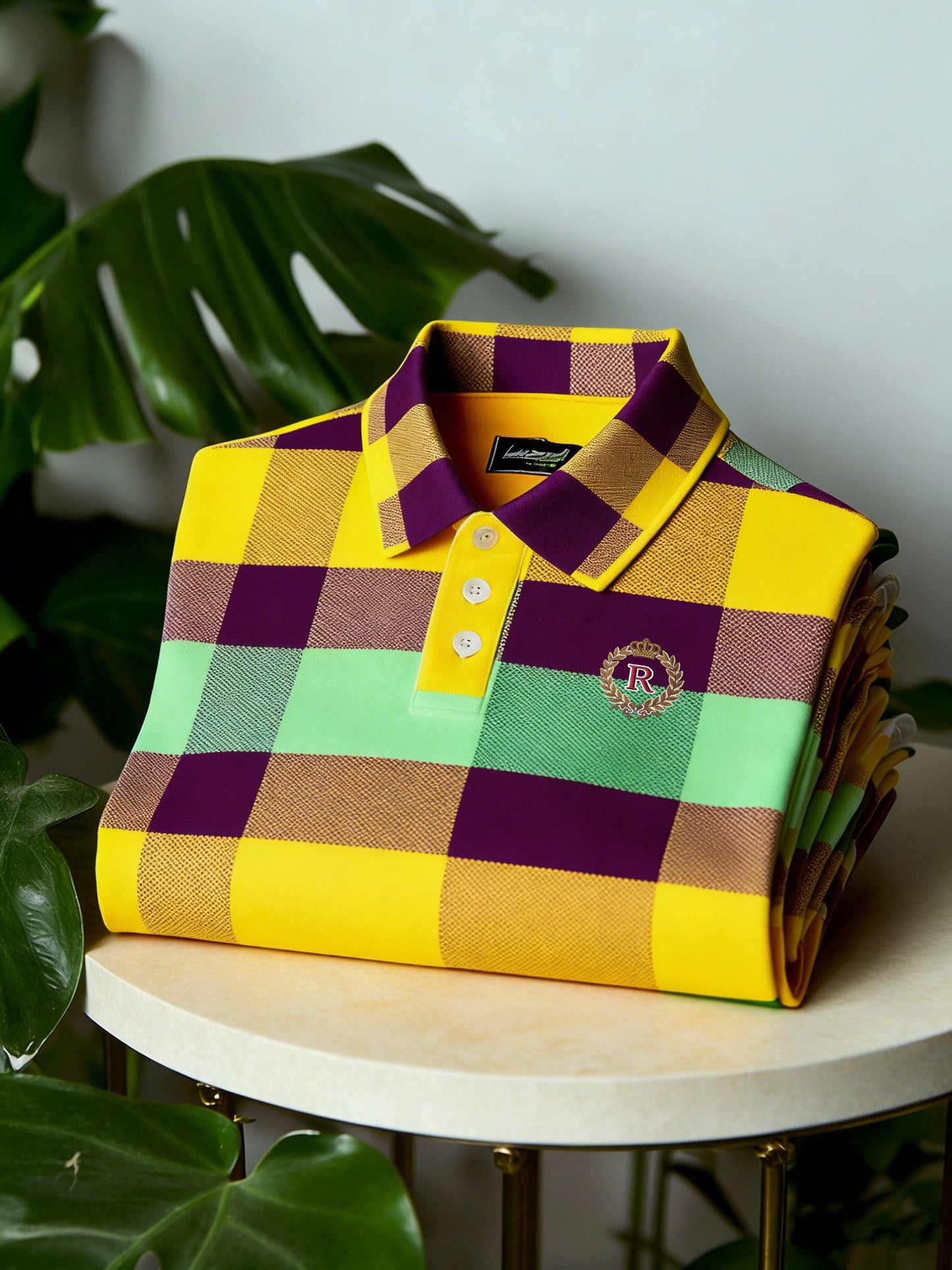 Men's Business Casual Button Short Sleeve Classic Plaid Polo Shirt