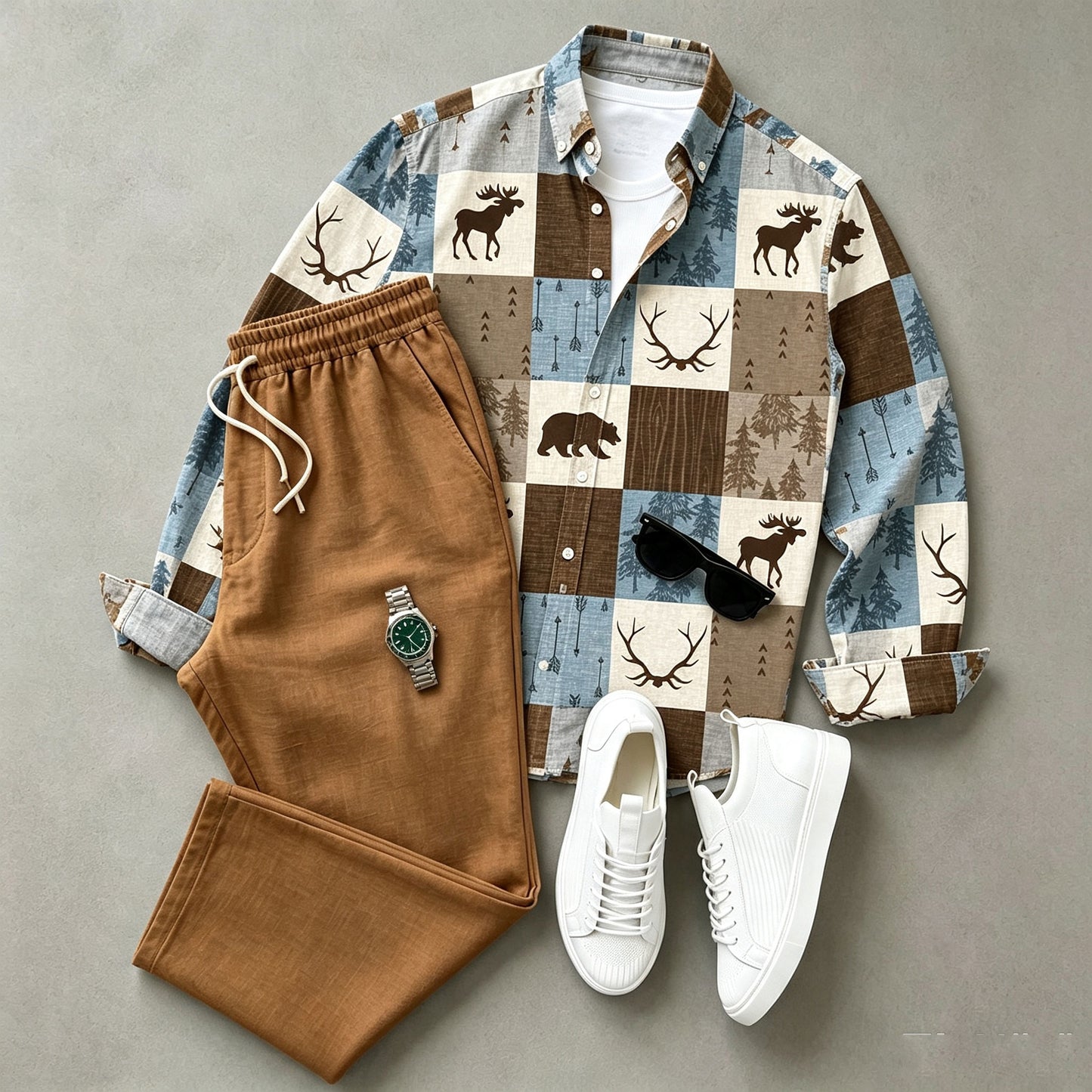 Men's Animal-Print Long-Sleeve Shirt and Pants Set