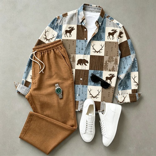 Men's Animal-Print Long-Sleeve Shirt and Pants Set