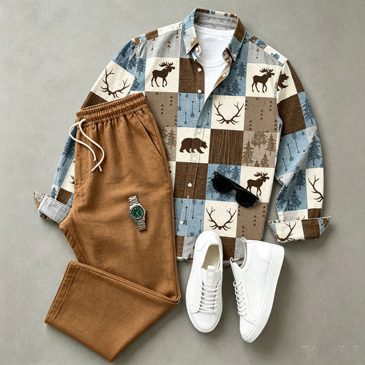 Men's Animal-Print Long-Sleeve Shirt and Pants Set