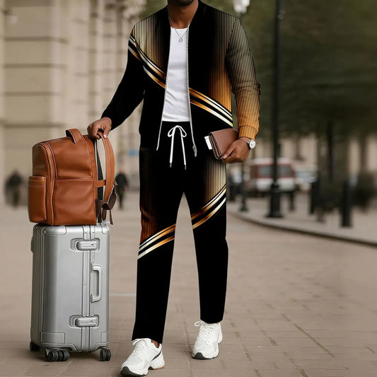 Men's Two-Piece Set: Color-Blocked Printed Zip-Up Cardigan and Pants