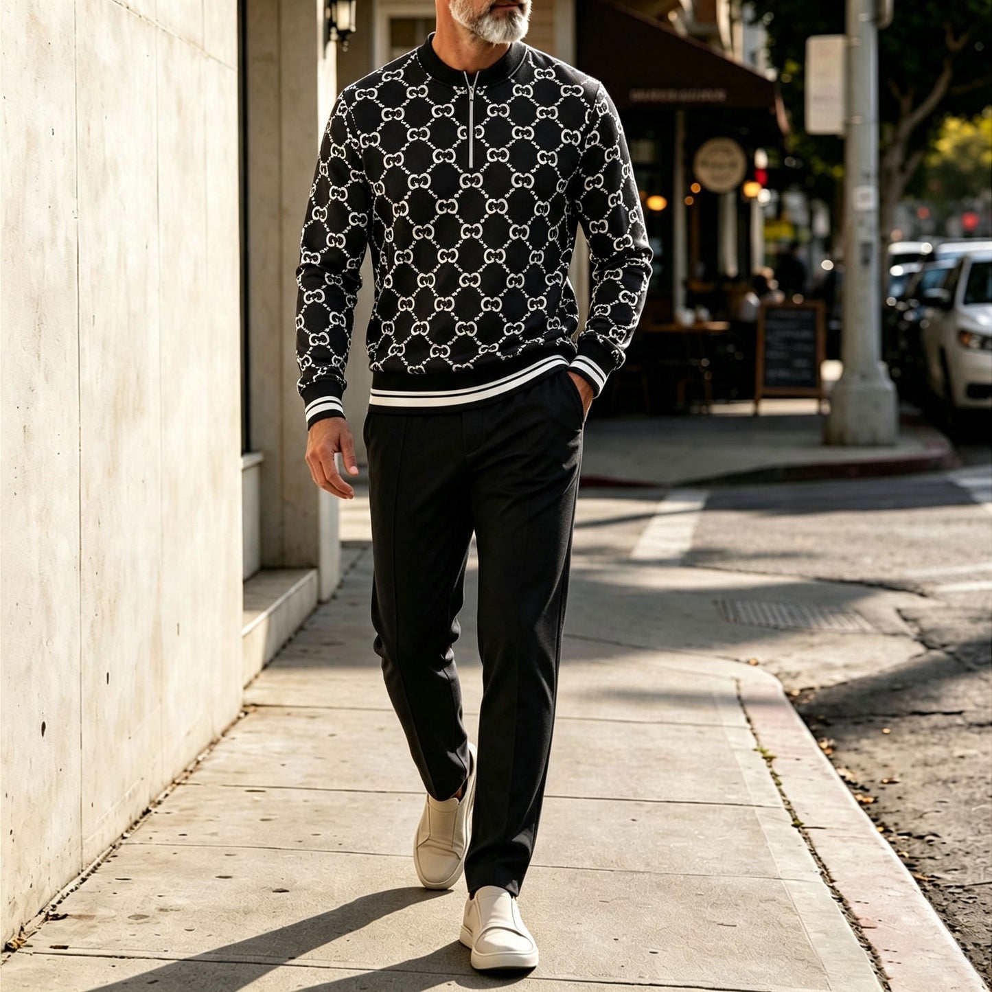Men's Dark-Colored Round-Neck Zipper Long-Sleeve Top and Pants Set