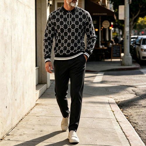 Men's Dark-Colored Round-Neck Zipper Long-Sleeve Top and Pants Set