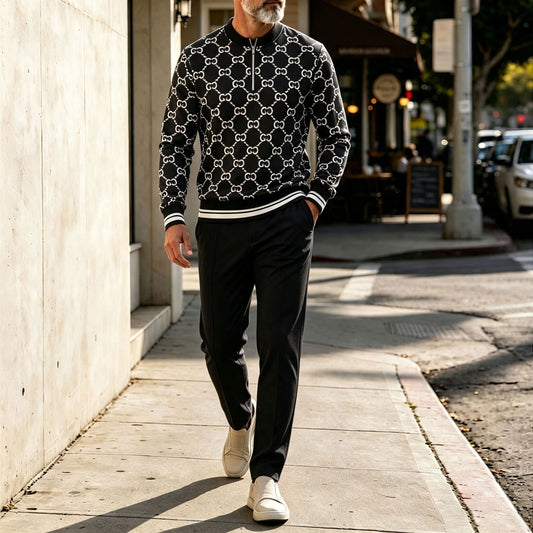 Men's Dark-Colored Round-Neck Zipper Long-Sleeve Top and Pants Set