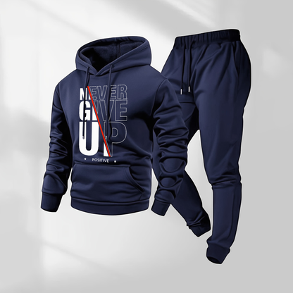 Men's Never Give Up Letter Pattern Print Hoodie and Drawstring Sweatpants Set, Menswear, Casual Athletic Long Sleeve Hooded Jacket & Trousers for Fall & Winter, Men's Clothing for Daily Wear, Sportswear Indoor Outdoor, Tracksuit, Athleisure