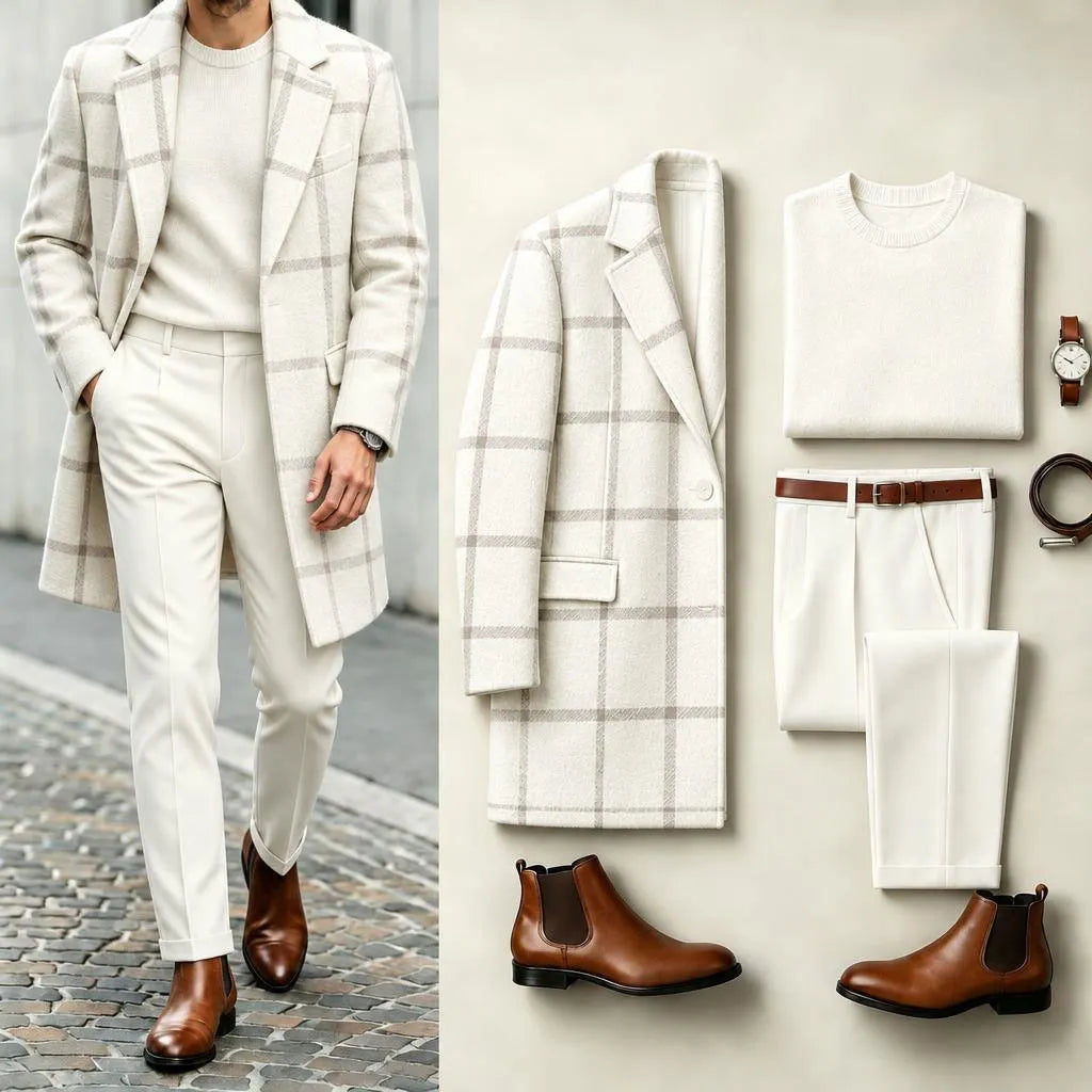 Men's White Checkered Suit Set: Jacket, Knit Sweater, and Pants