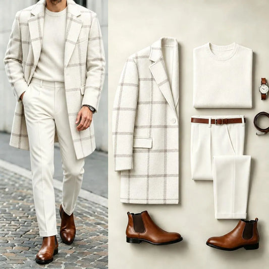 Men's White Checkered Suit Set: Jacket, Knit Sweater, and Pants