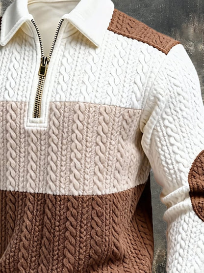 Men's Retro Jacquard Textured Patchwork Comfortable Color-Blocked Zip-Up Sweatshirt