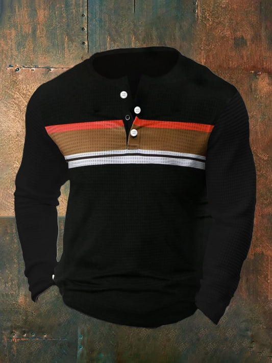 Men's Vintage Waffle Color Patch Henley Neck T-Shirt