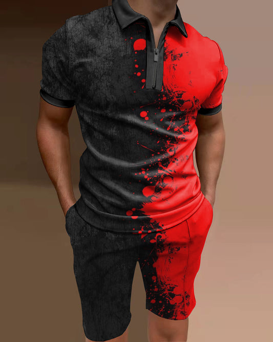 Men's polo shirt colorblock print two piece set