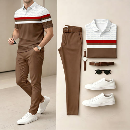 Men's Coffee & White Color Matching Striped Printed Short Sleeved Polo Shirt & Pants Two-Piece Set