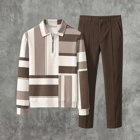 Men's Color-Blocked Zipper Polo Shirt and Pants Set