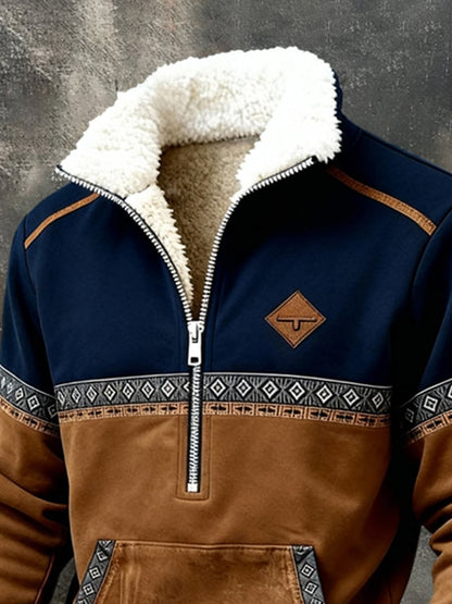 Men's Retro Color Block Printed Fur Collar Sweatshirt