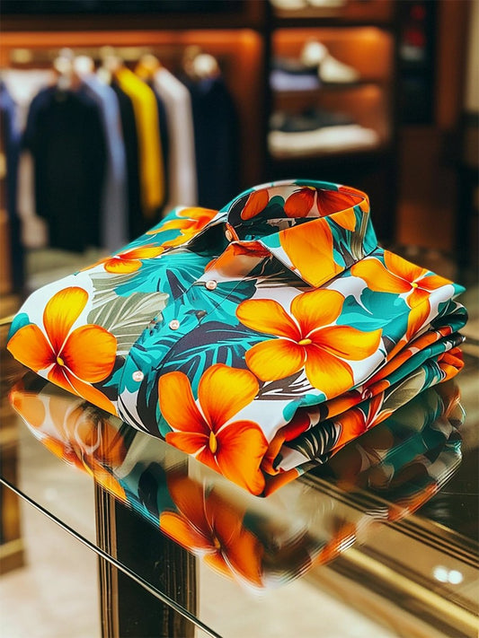 Men's Satin Luxe Hawaiian Print Short Sleeve Button Shirt