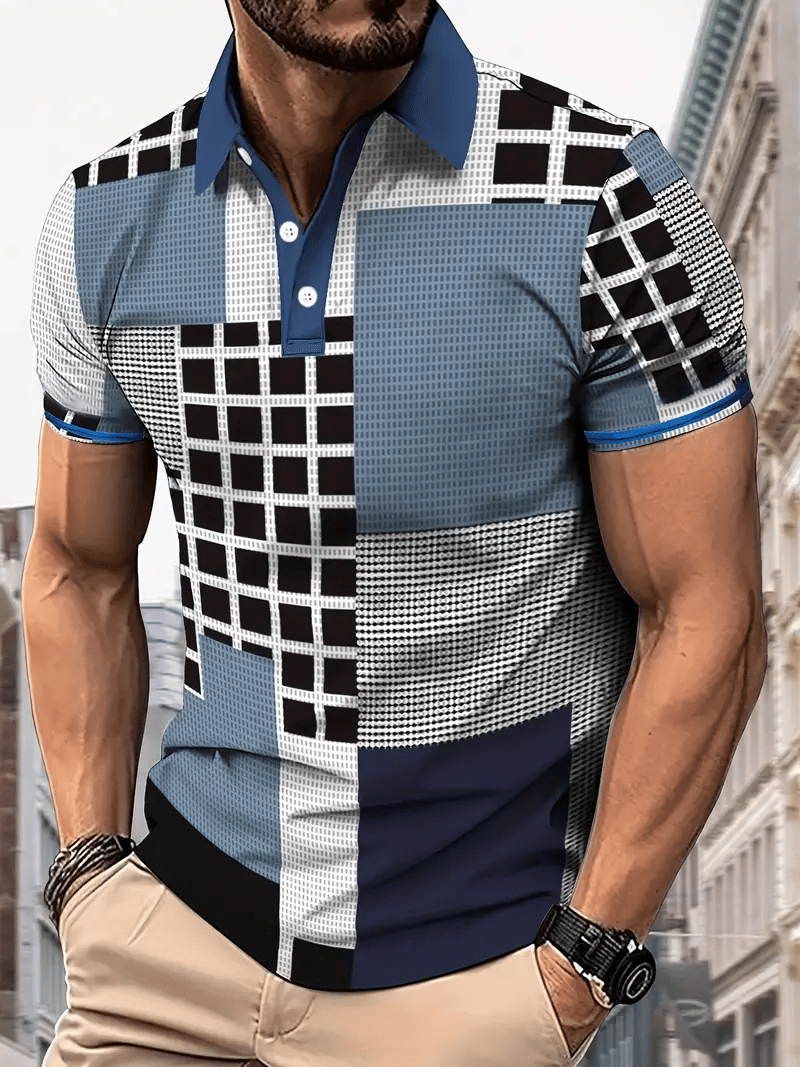 Men's Business Stripe Logo Button-Down Short Sleeve Polo Shirt
