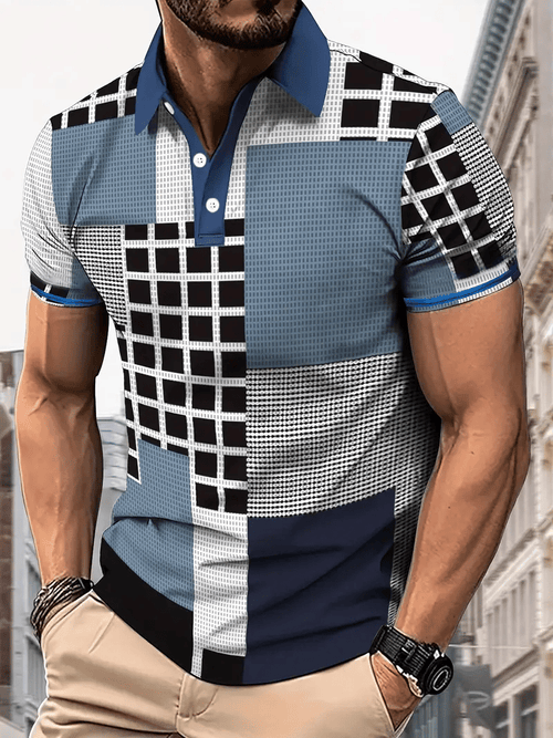 Men's Business Stripe Logo Button-Down Short Sleeve Polo Shirt