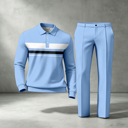 Men's Striped Long-Sleeve Polo Shirt and Pants Two-Piece Set