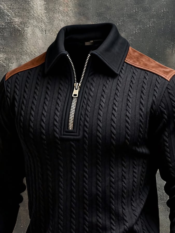 Men'S Vintage-Style Textured Patchwork Color-Block Long-Sleeved Sweatshirt