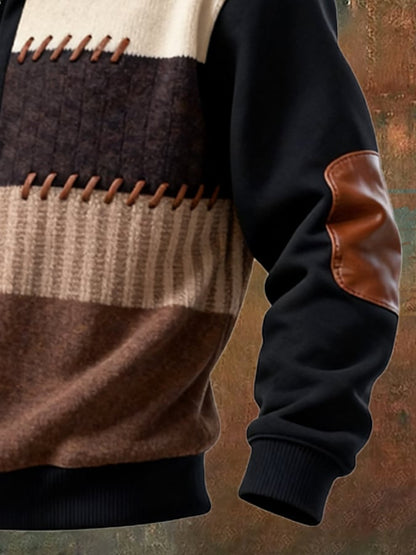 Men's Retro Color Block Print Casual Fur Collar Sweatshirt