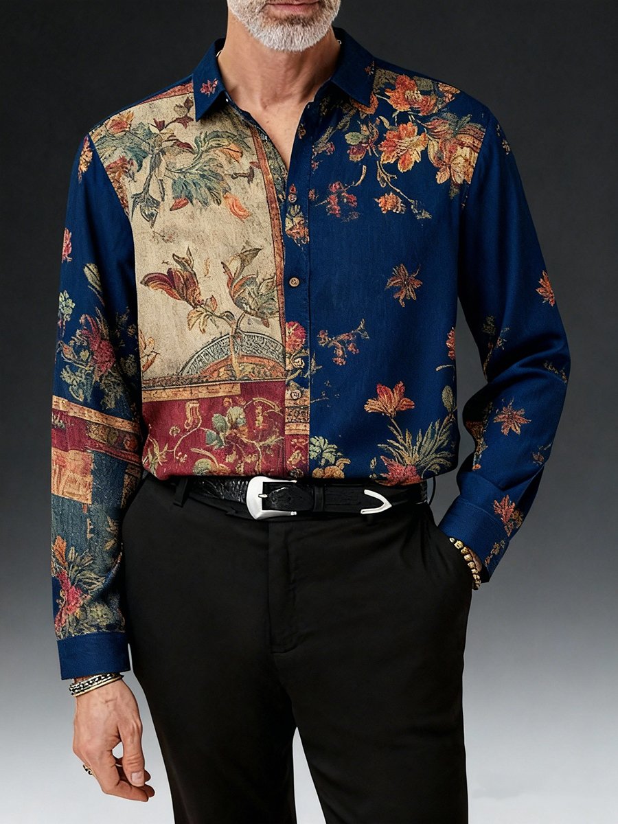 Men's Retro Floral Color-Blocked Print Long-Sleeve Shirt