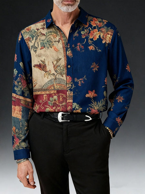 Men's Retro Floral Color-Blocked Print Long-Sleeve Shirt
