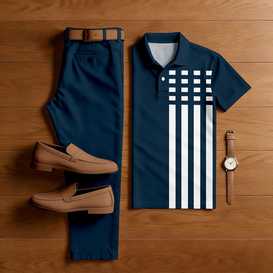 Men's Casual Dark Blue & White Color Matching Checkered Asymmetric Printed Short Sleeved Polo Shirt & Trousers Two-Piece Set