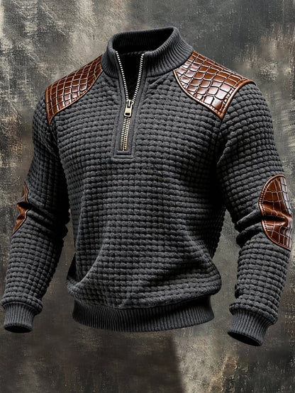 Men'S Vintage Textured Square Grid Patchwork Color-Block Long-Sleeved Sweatshirt