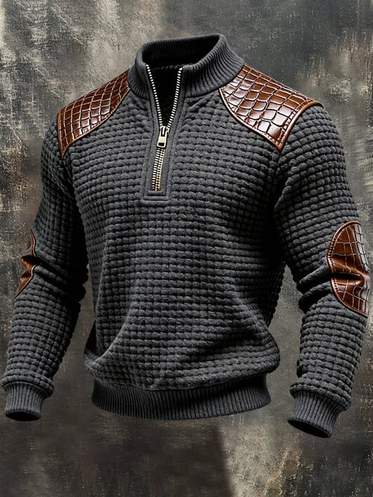 Men'S Vintage Textured Square Grid Patchwork Color-Block Long-Sleeved Sweatshirt